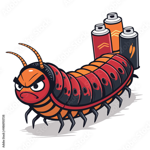 A colossal, anthropomorphic centipede with a furious expression, wielding spray cans, poised for graffiti.  Detailed texture and intense lighting.