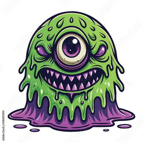 Create a vibrant graffiti-style illustration of a melting-faced slime monster, dripping with vibrant colors and textures.  Include sharp lines and bold color contrasts.
