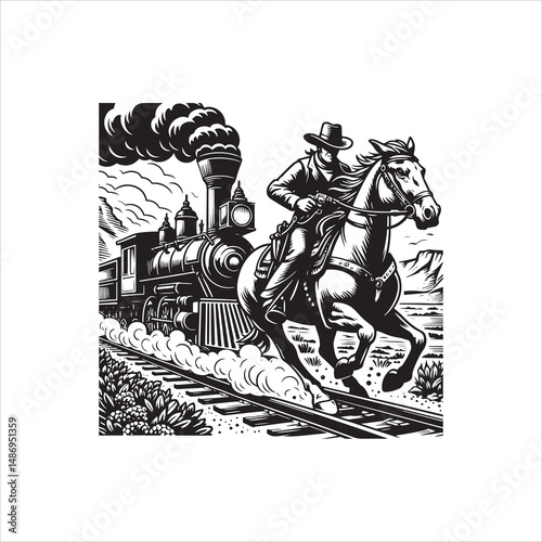 Cowboy on Horse Chasing Train with Western Saloon – Black and White Line Art

