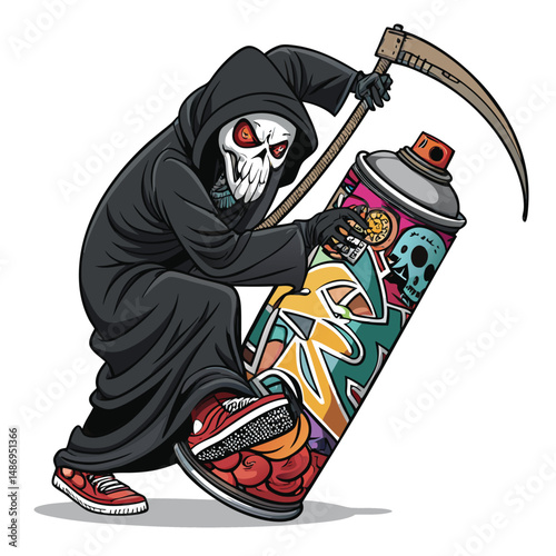 A terrifying, monstrous Grim Reaper figure astride a giant graffiti spray can, wielding a scythe; dark, urban, detailed artwork.