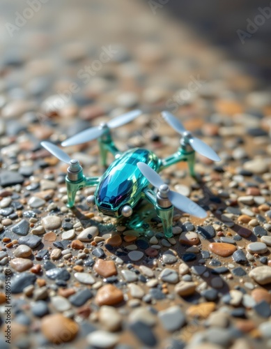 Teal Metallic Mini Drone on Pebble Surface in Bright Sunlight
