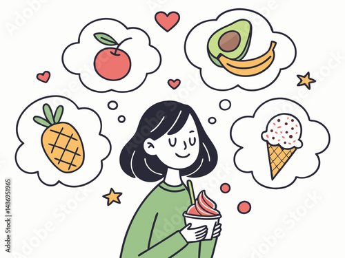 Balanced Choices: Vector Illustration of Healthy vs. Unhealthy Foods with a Mindful Eating Message