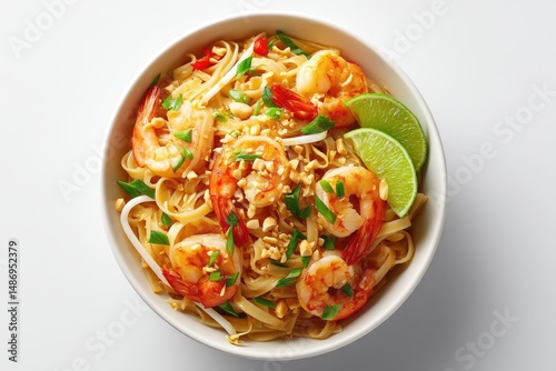 Delicious dish of shrimp pad thai in a white bowl.