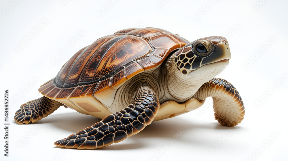 Fototapeta premium Sea turtle with brown shell and white underbelly isolated on a white background studio shot