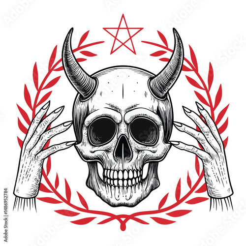 Create a monochrome illustration of a horned skull encircled by spectral, clawed hands reaching out.  Evoke a haunted, gothic atmosphere.