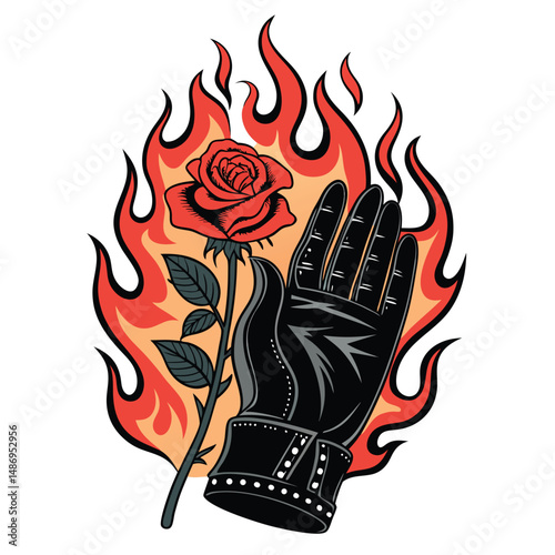 A weathered leather glove delicately cradles a vibrant red rose engulfed in ethereal, swirling flames.  The scene is dark and dramatic.