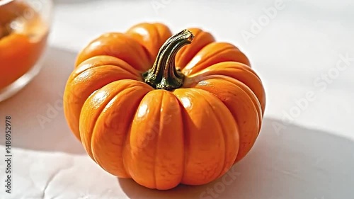 a small orange pumpkin with vibrant colors, reflecting faint highlights, set against an unblemished white background, evoking a feeling of simplicity and warmth