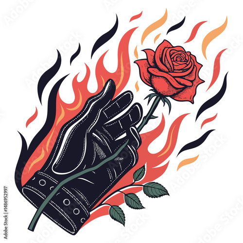 A weathered leather glove, clutching a vibrant red rose engulfed in ethereal flames, set against a dark background.