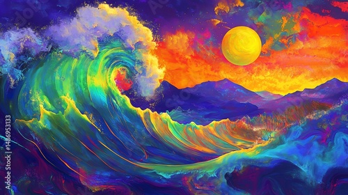 Vibrant Wave Crashing Against a Sunset Landscape