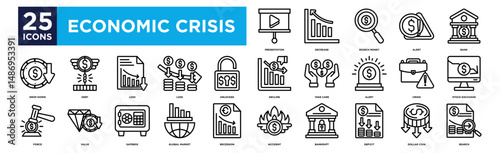 economic crisic icon collection set. Containing design presentation, decrease, Search Money, Alert, Bank,