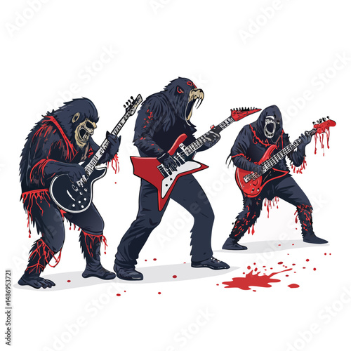 A monstrous trio—a cyclops on drums, a vampire on bass, and a werewolf on guitar—playing blood-splattered heavy metal.  Visceral, chaotic energy.