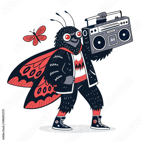 A terrifying, moth-winged creature, reminiscent of Mothman, brandishing a boombox, set against a night cityscape.  Details sharp, cinematic lighting.