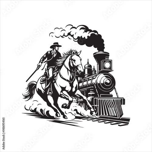 Cowboy on Horse Chasing Train with Western Saloon – Black and White Line Art

