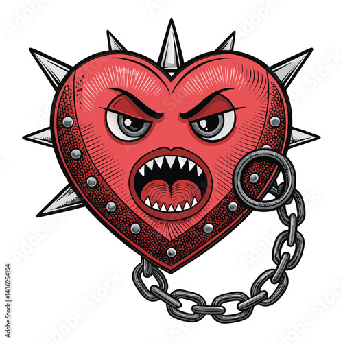 Create a vibrant illustration of an angry punk heart, complete with sharp fangs, a lip ring, and mohawk hairstyle.  The style should be bold and cartoonish.