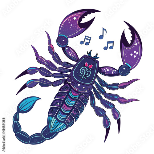 A terrifying neon scorpion monster, its claws adorned with glowing musical notes, poised in a menacing stance against a dark background.