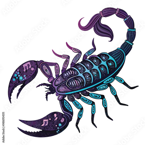 Design a vibrant neon scorpion monster, its claws adorned with glowing music notes, showcasing a blend of aggressive and musical elements.