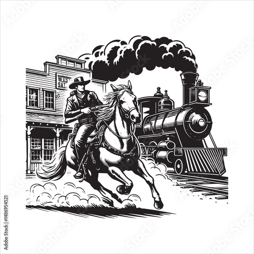 Cowboy on Horse Chasing Train with Western Saloon – Black and White Line Art


