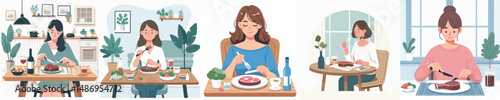 vector woman eating meat