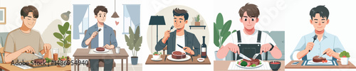 vector of young man eating meat