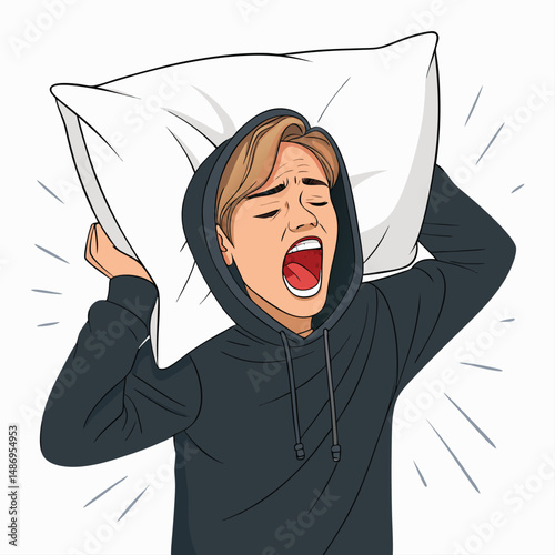 A frustrated person muffledly screaming into a white pillow, face buried, shoulders tense, conveying intense anger and stress.