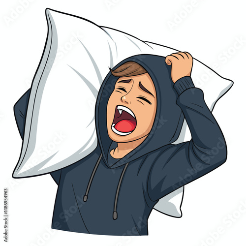 A frustrated person burying their face in a pillow, screaming silently, showcasing intense emotion and stress.