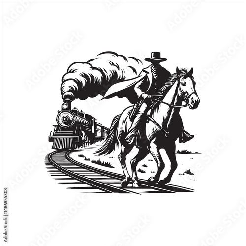 Cowboy on Horse Chasing Train with Western Saloon – Black and White Line Art

