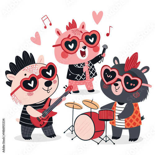 A punk rock band comprised of anthropomorphic animals wearing heart-shaped glasses, performing on stage.  Include vibrant, edgy aesthetic.