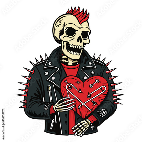 A rebellious punk skeleton, adorned with safety pins and chains, clutches a bleeding human heart, protectively guarding a small, metallic safe.