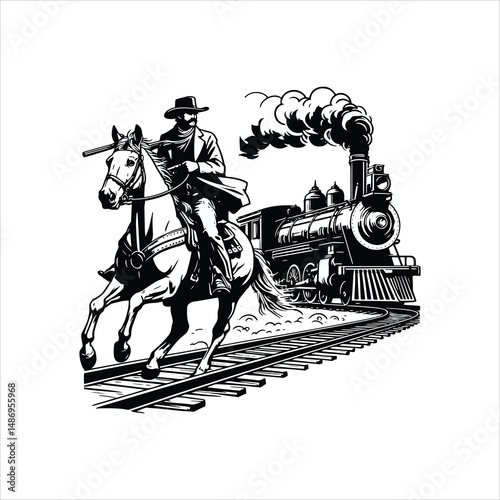 Cowboy on Horse Chasing Train with Western Saloon – Black and White Line Art


