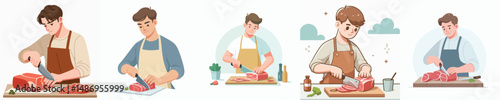 vector young man cutting meat