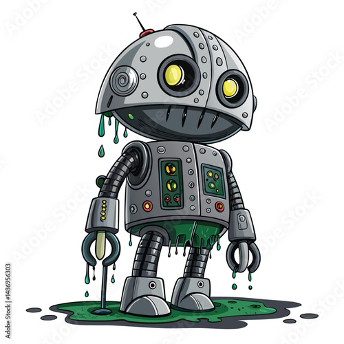 Design a menacing robotic alien monster with exposed, glowing circuits and a single, large, cyclopean eye.  Detail intricate mechanical components.
