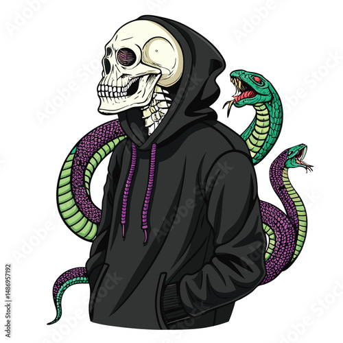 A stylish skeleton, sporting vibrant streetwear, with a crown of venomous snakes for hair.  Intricate detail, dramatic lighting.