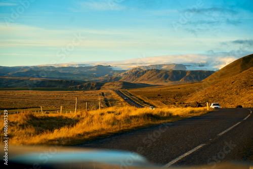 Ring road for road trip for travel in iceland in autumn season with cloud skyline.