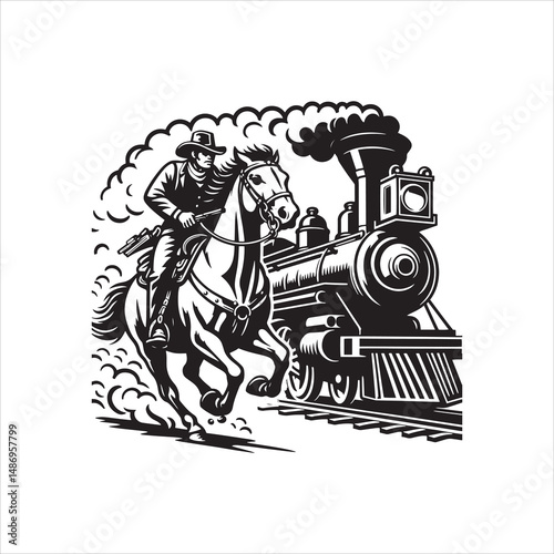Cowboy on Horse Chasing Train with Western Saloon – Black and White Line Art

