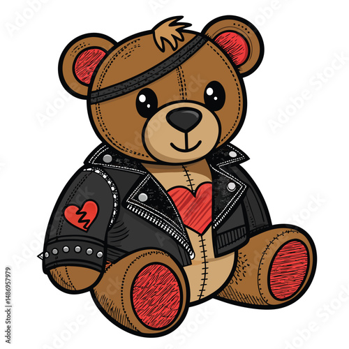 A stylish teddy bear sporting a worn leather jacket, a nose ring, and a mischievous grin.  Render in a photorealistic style.