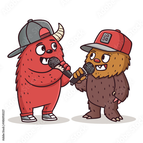 Illustrate a two-headed hip-hop monster duo, each wielding a microphone, performing on stage amidst vibrant street art.