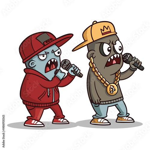 Create a vibrant illustration of a two-headed hip-hop monster duo, each wielding a microphone, performing on stage with vibrant street style elements.