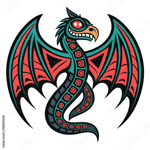 A fearsome winged serpent monster, adorned with intricate tribal markings, poised for attack.  Its scales shimmer with an otherworldly glow. (1)