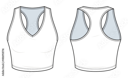 V-Neck Racerback Crop Top Technical Fashion Illustration. Sleeveless Sports Tank Vector Template. Front and Back View. Activewear Design. Comfortable Fit. Crew Neckline. White Color. CAD Mockup Set.