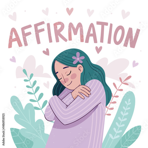 A serene woman embraces herself, radiating self-love;  affirmation words "flo" subtly incorporated.  Soft lighting, peaceful expression.