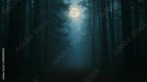  A winding pathway through a misty forest a full moon, a misty forest a full moon,  mystical nighttime landscape seamless looping 4k time-lapse virtual video animation background