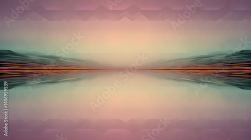 A symmetrical  tranquil landscape reflecting in a still body of water.