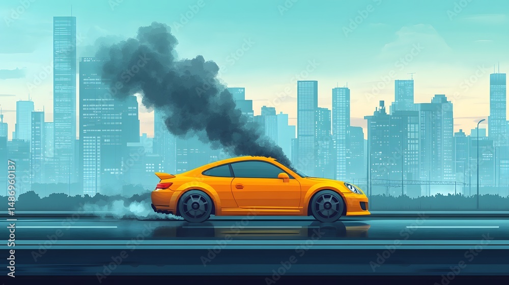 Obraz premium flat design of car in trouble, smoking engine in city traffic,