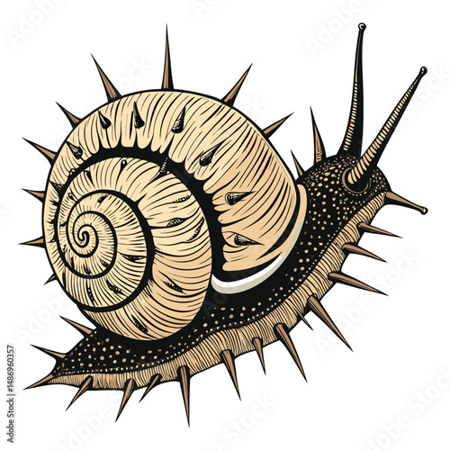 Create a highly detailed vector illustration of a snail with a spiky, thorny shell, emphasizing intricate shell texture and realistic anatomy.