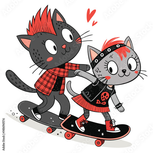 Two punk-styled cats, mohawks and ripped clothing, riding a skateboard together, black and white aesthetic.