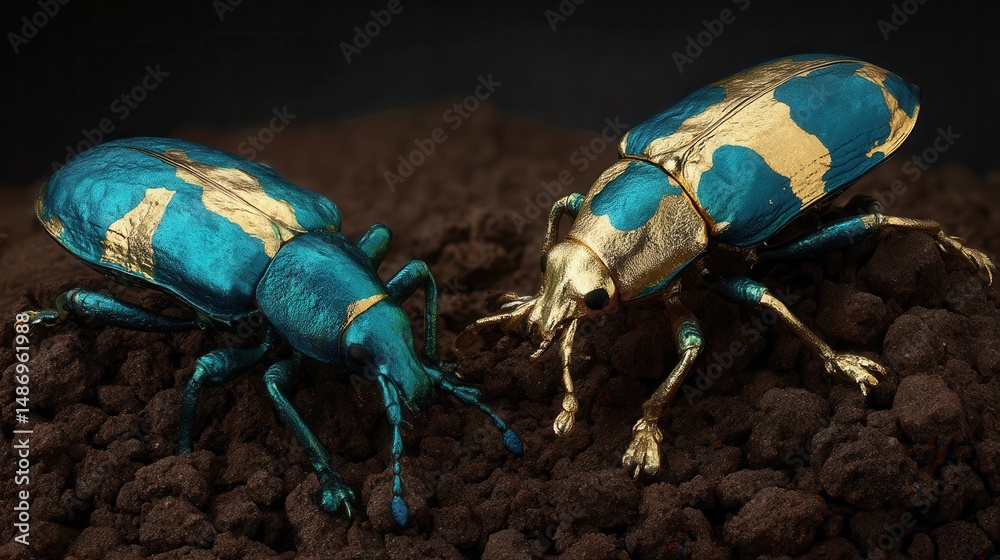 Fototapeta premium Two vibrant, colorful beetles, detailed and close-up, on dark soil.