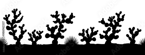 Black vector landscape desert with prickly pear cactus illustration on white background. Horizontal landscape silhouette cactus.