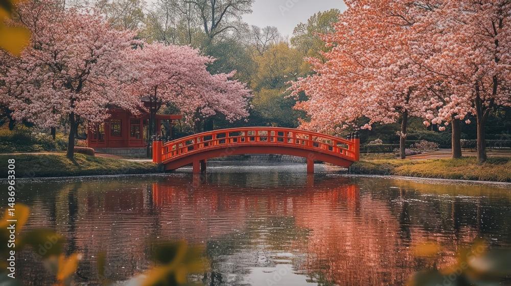 Fototapeta premium Peaceful pink blossom trees and red bridge reflection
