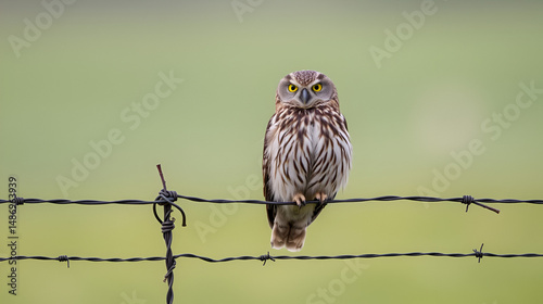 Owl sitting on barbed wire fence