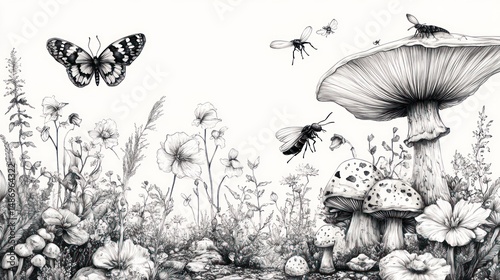 Botanical illustration of wildflowers, mushrooms, and insects.  Possible use for wallpaper or book cover